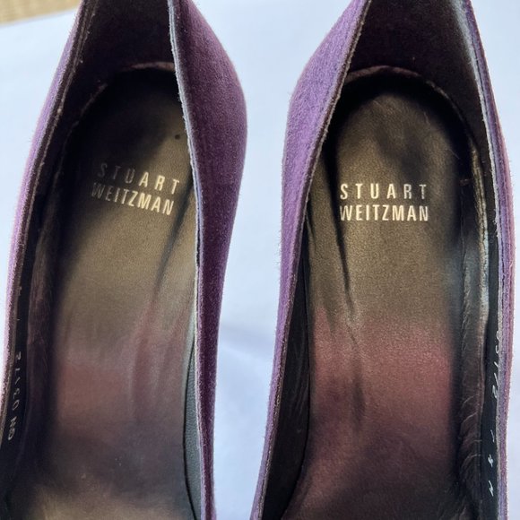 Stuart Weitzman Purple Suede Peep Toe Folded Bow Stiletto Pumps - Picture 15 of 16